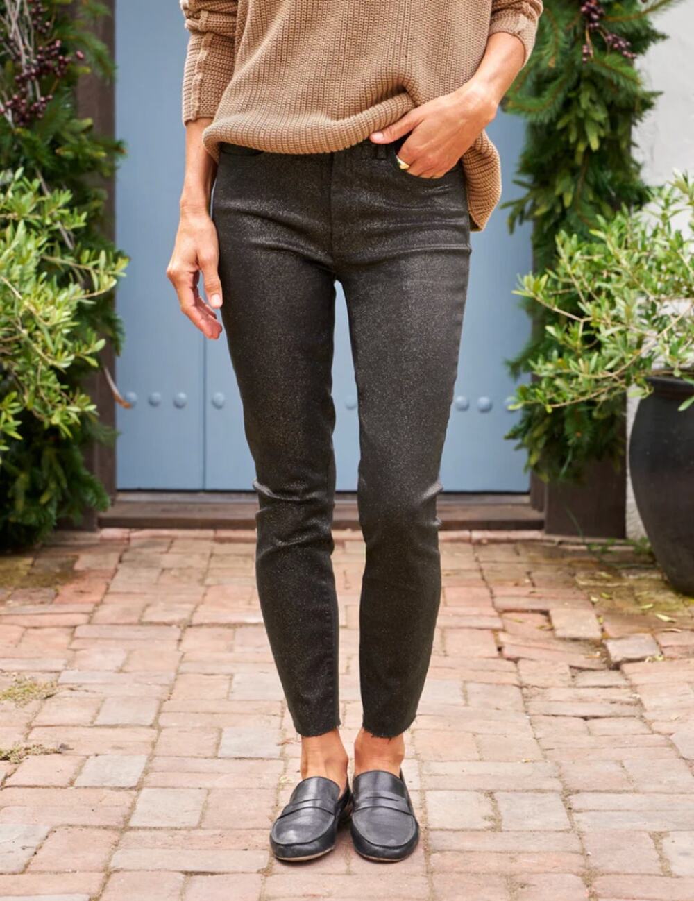 Frank & Eileen Womens 10 Black Shimmer Wax Sligo Ankle Raw Hem Skinny Jeans NEW